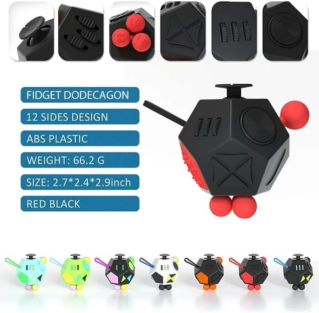 Fidget Dodecagon –12 Side Fidget Toy Cube Relieves Stress and Anxiety Anti Depression Cube for Children and Adults with ADHD ADD OCD Autism (A4 Black red)