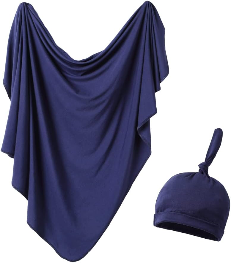 iEvolve Cotton Knitted Baby Swaddle Blanket with Hat Headband Set Newborn Swaddle Wrap Receiving Blankets for Baby Girl Boy 45" x 45"(Navyblue)