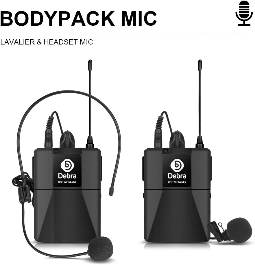 D Debra Audio AU400 Pro UHF 4 Channel Wireless Microphone System with Cordless Handheld Lavalier Headset Mics, Metal Receiver, Ideal for Karaoke Church Party (with 4 Bodypack (B))