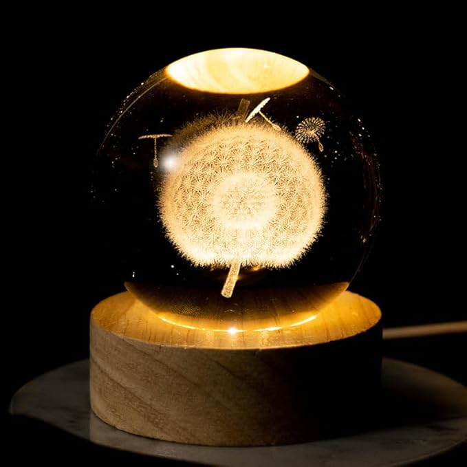 Dandelion 3D Dandelions Engraved Pattern with Wooden Lighted Base, LED Wooden Base Lamp with Switch, for Mom, Teacher, Christmas, Birthday, Valentine's Day