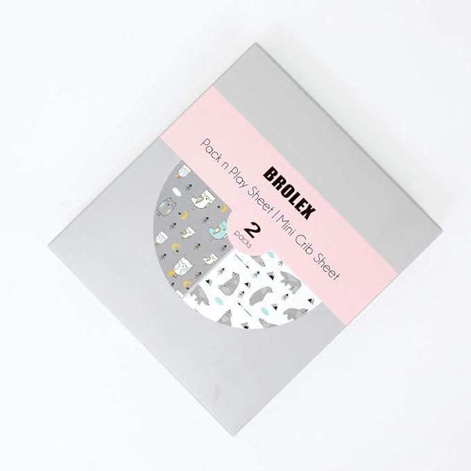 Pack n Play Sheets, BROLEX 2 Pack Mini Crib Sheets,Stretchy Portable Fitted Playard Sheet Set, Convertible Playard Mattress Cover,Ultra Soft Breathable Material,Owl & Bear