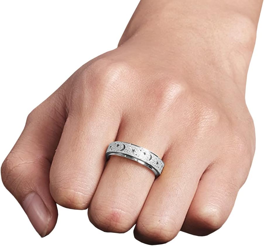 Anxiety Ring for Women Men, Titanium Stainless Steel Spinner Ring, 5 Colors, 6MM, Size 6-10, 3 Styles Anxiety Ring-Moon Star, Sandblasted Finished, Hollow Outer