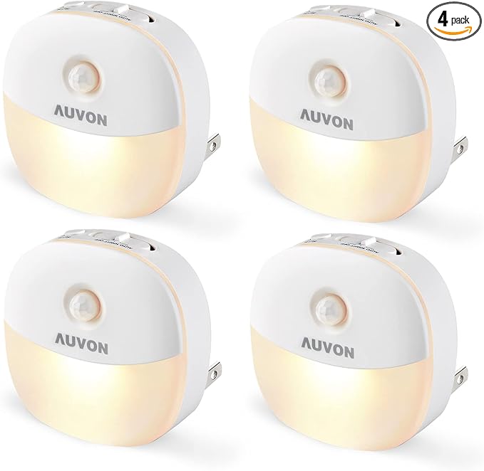 AUVON Plug in Night Light with Motion Sensor and Dusk to Dawn Sensor, Mini Warm White LED Nightlight with 1-50 lm Adjustable Brightness for Bathroom, Hallway, Stairs, Bedroom, Kitchen, 4 Packs