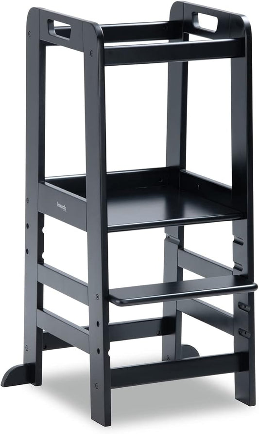 Hauck Learn N Explore Montessori Toddler Tower, Adjustable Wooden Kitchen & Bathroom Step Stool Helper for Home Use with Kids Ages 1+, Black