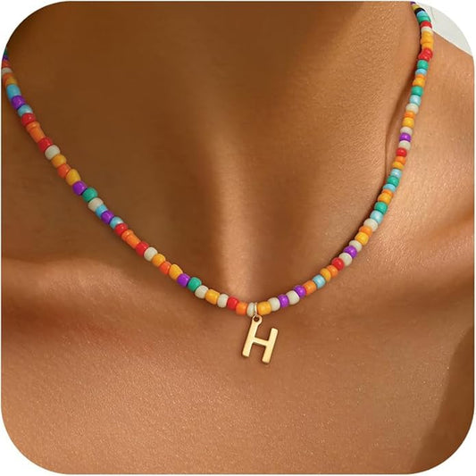 Colorful Initial Necklaces for Girls Women - Cute Beaded Choker Initial Necklace Teen Girl Gifts Trendy Stuff, Bohemian Letter Necklace Personalized Gifts for Girls Women Jewelry