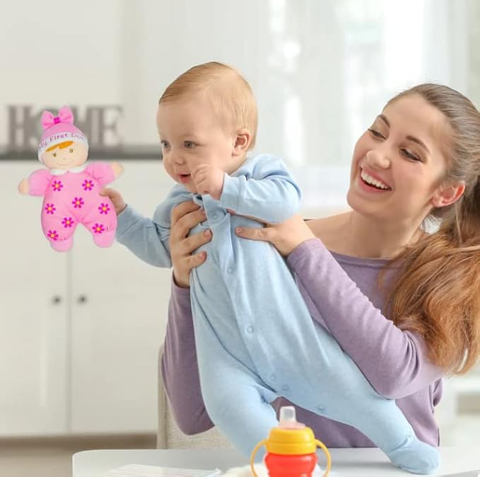 June Garden 9" My First Doll Sienna - Soft Plush Baby Doll with Rattle - Pink Outfit