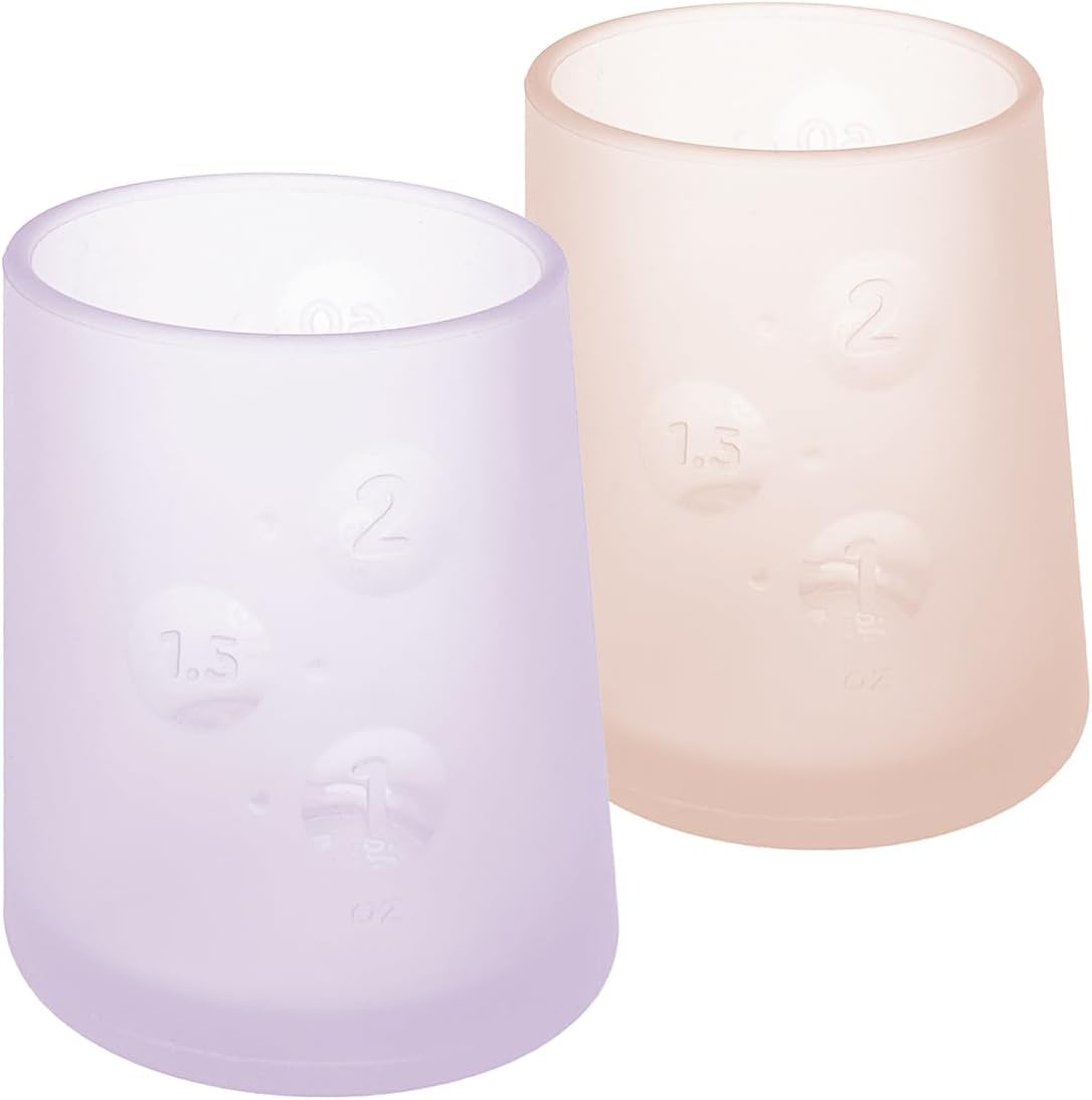 Olababy First Cup | Clear Sense 100% Silicone Infant Trainer Cup | 2oz Medicine Cup for Newborn | Non-Slip & Sloping Design for Tiny Hands & Baby Led Weaning (Lilac/Coral, 2 Cups)
