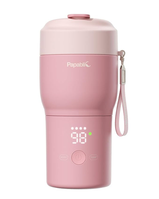 Papablic Pro Portable Bottle Warmer for Travel – Fast Heating, Built-in Sterilizer, 30W Fast Charge, 5-Temp Control, Easy-Clean Wide Mouth, Baby Milk Warmer for Breastmilk & Formula, Sakura Pink