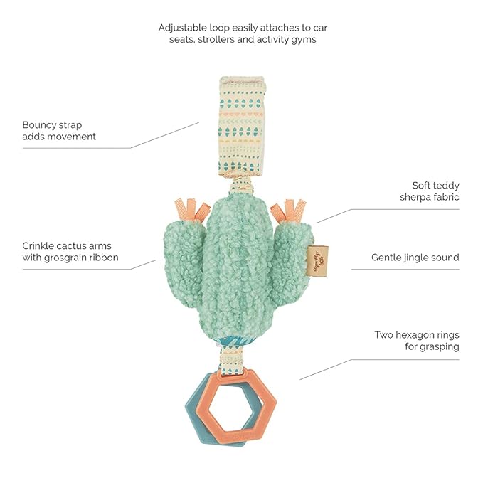 Itzy Ritzy - Ritzy Jingle Toy - Baby Hanging Toy for Activity Gym, Stroller or Car Seat; Features Jingle Sound, Hexagon Rings and Adjustable Attachment Loop (Cactus)