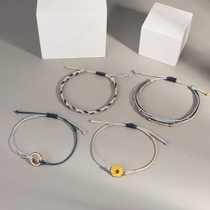 FANCY SHINY Sunflower String Bracelet Boho Braided Rope Wrap Bracelets Cute Summer Beach Surfer Jewelry for Women Christmas Gifts