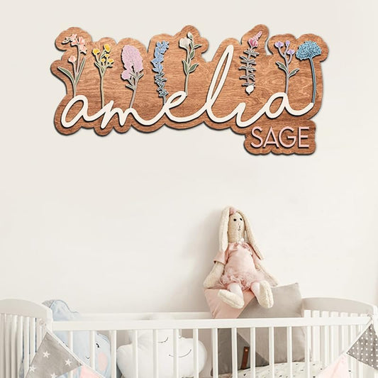 Personalized Nursery name sign for girls, Wildflowers Wooden baby name sign, Custom flower kids room decor, Baby shower, Boho nursery decorations gift/11