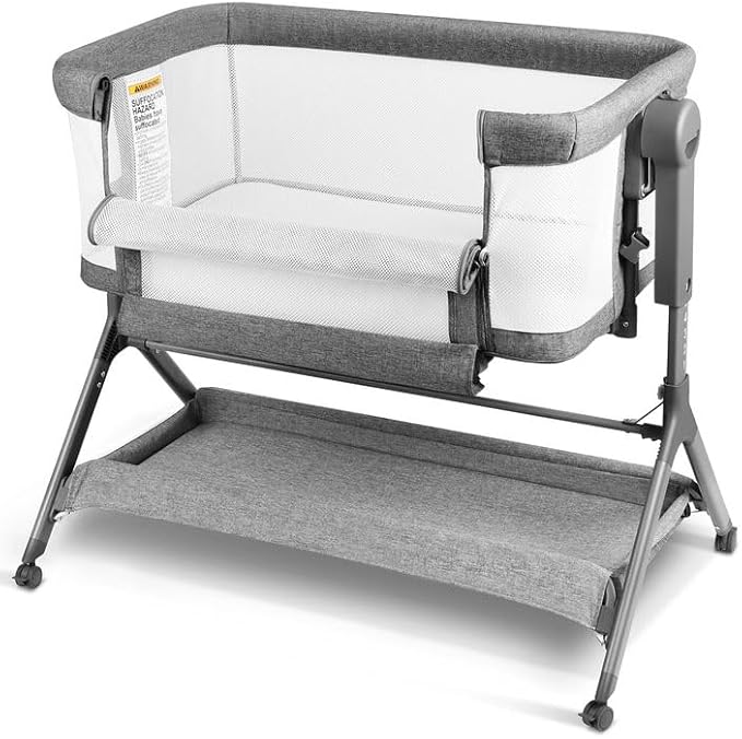 Baby Bassinet Bedside Sleeper, Baby Crib for Infant, 6-Height Adjustable, Rocking Mode with Breathable Mesh & Mattress, Quiet Wheels & Easy Assembly, Stable and Secure Crib for Newborn, Grey