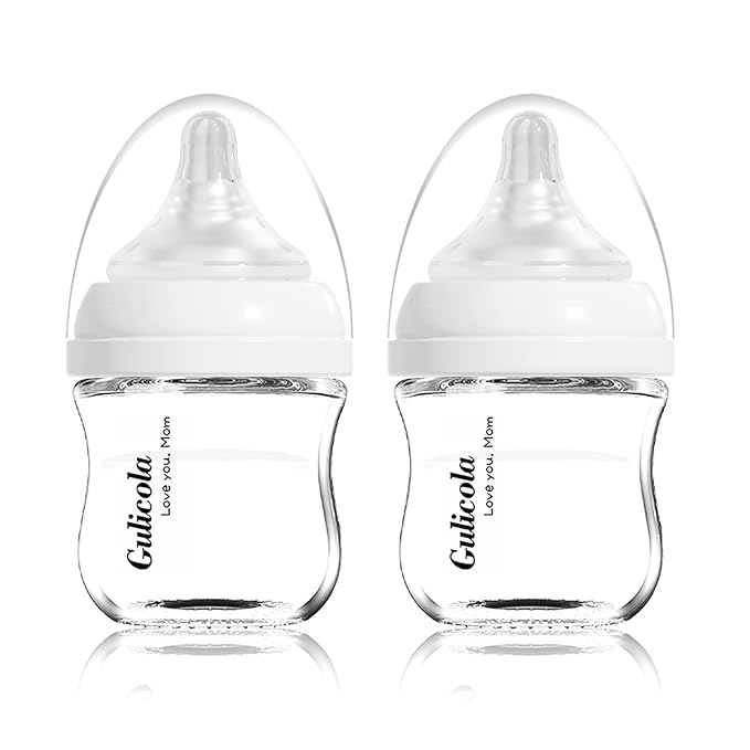 Gulicola Small Glass Baby Bottle for Newborn Breastfeeding Babies, Preemie & Extra Slow Flow Nipples (SS), Anti-Colic, Breast-Like, 0 Months+, 3 oz, 2 Pack - White