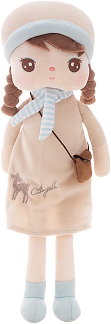 16" Exclusive New MeToo Princess Doll, Cute Pigtail-Girl with a Hat Plush Doll, Soft Dolls Baby Doll Girl Gifts, Non-Toxic Soft Skin-Friendly PP Cotton Plush Stuffed Angela Doll (Khaki)