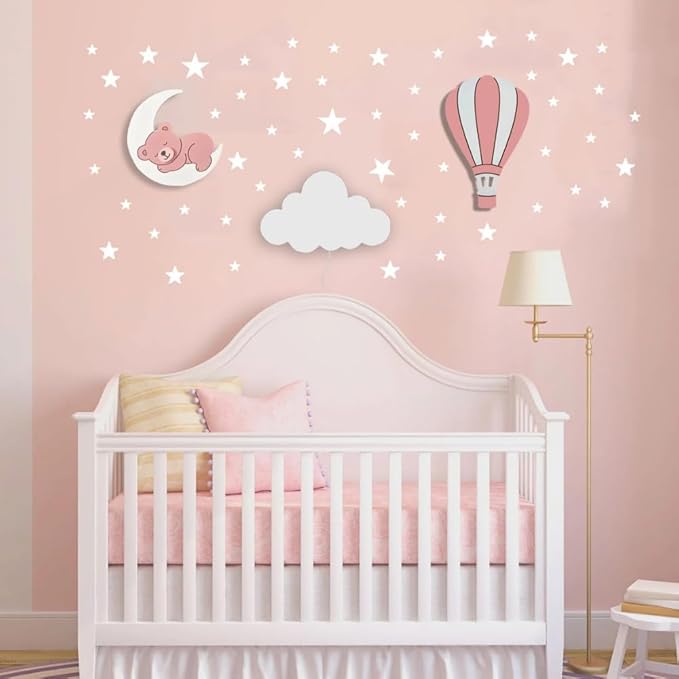BugyBagy Nursery Wall Lamp Set – 3 Hand Painted Night Lights for Baby Room (Hot Air Balloon, Cloud, Elephant on Moon) + Bonus Wall Stickers – Soft Linen Colors Pink or Blue (Pink Theme 2)