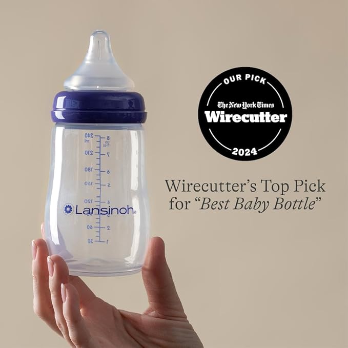 Lansinoh Anti-Colic Baby Bottles for Breastfeeding Babies, 8 Ounces, 3 Count, Includes 3 Medium Flow Nipples, Size M