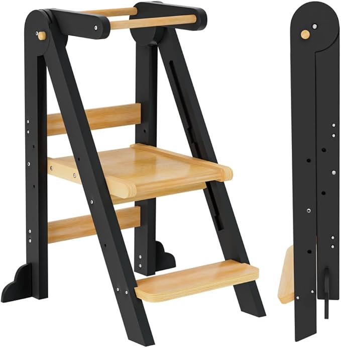 Toddler Tower, Foldable Step Stool for Toddlers, Toddler Kitchen Stool Helper with 3 Adjustable Height Safty Rail and Anti-Tip Structure, Learning Tower for Toddlers Baby Kids