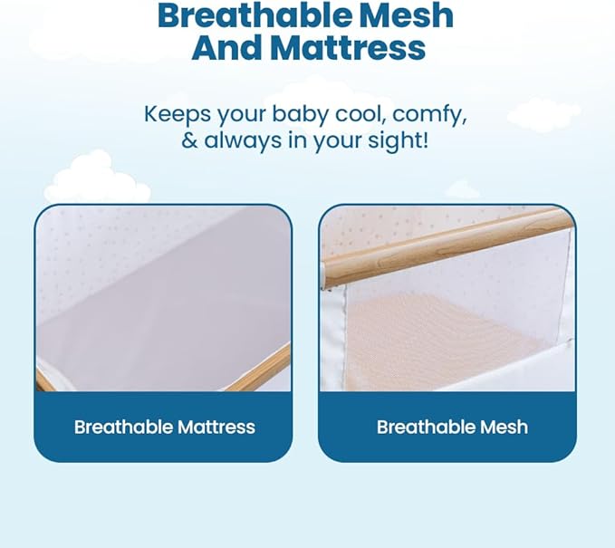 Baby Bassinet Bedside Sleeper, Portable Crib for Newborns, Adjustable 7-Height Auto-Lock, with Wheels, Soft Mattress & Breathable Mesh