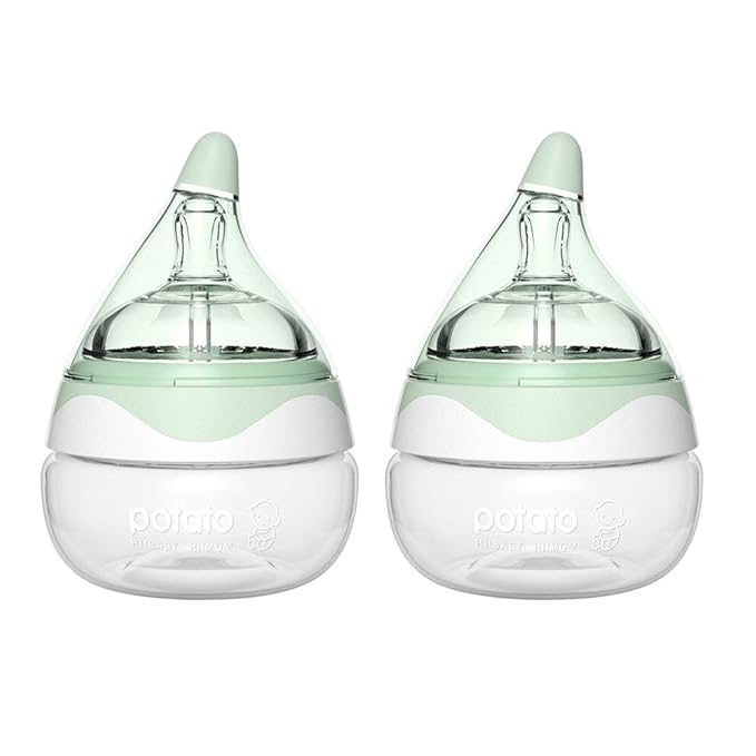 POTATO Glass Baby Bottles for Newborn Babies, Anti Colic Breastfeeding Bottle with Wide Neck, Slow Flow, 2pack, 2.5oz, Green