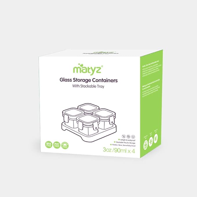 Matyz 4-Pack Glass Baby Food Containers with Airtight Lids and Stackable Tray (Mint Green, 3 OZ Each) - Glass Food Containers Freezer Safe for Baby Toddler - Stackable Baby Food Containers Glass