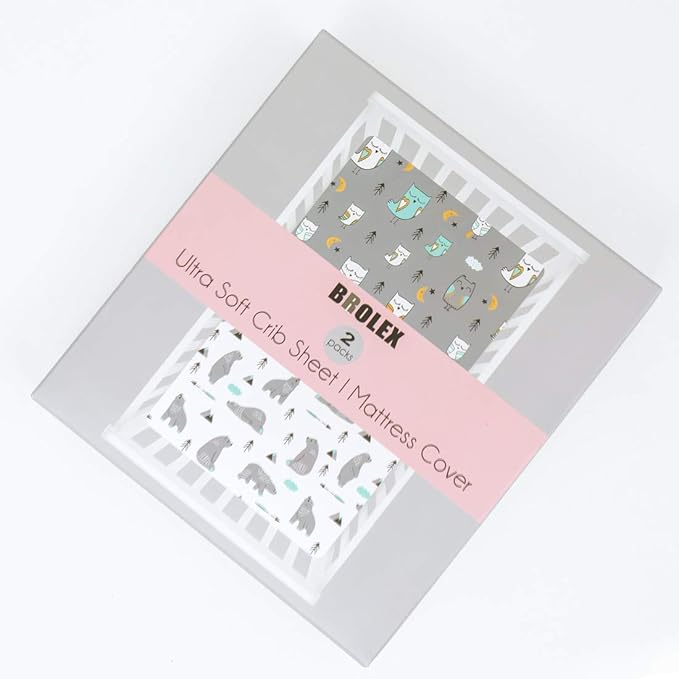 BROLEX Baby Fitted Crib Sheets: Kid Crib Sheets - Set of 2 for Toddler Standard Size Crib Mattress for Boys and Girls - Jersey Knit Crib Bed Sheets Owl Bear