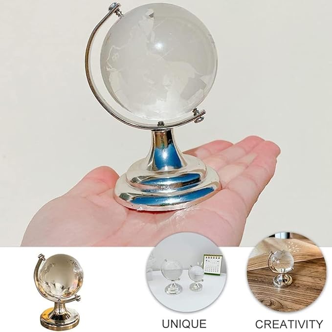 Mini World Globe Crystal Glass balls,Clear Paperweight decorative,small Earth globe for desk decorations,Office Home table Decor,tiny Ornaments Gifts, Miniature Ball Sphere paper weights,Golden 5cm.