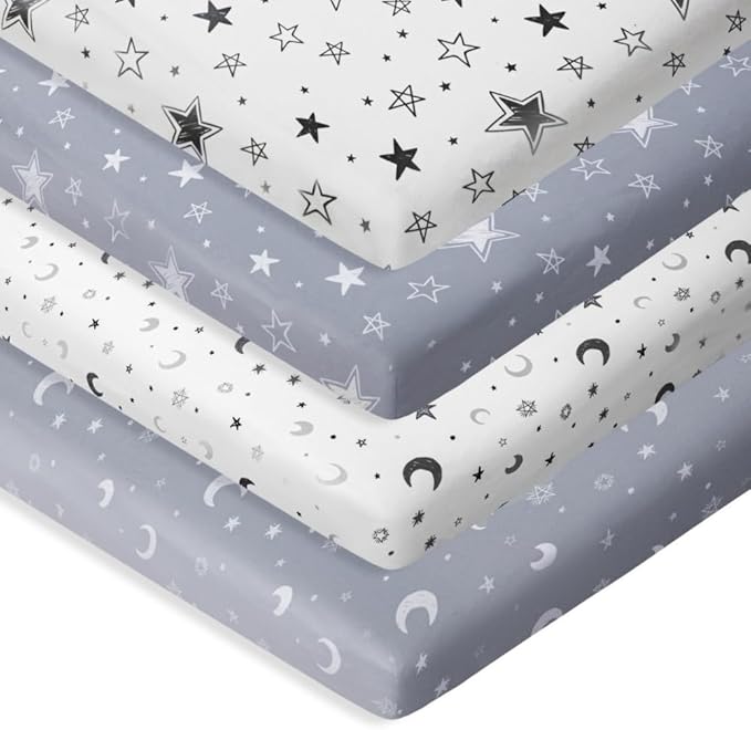 4 Pack Star and Moon Neutral Unisex Fitted Baby Sheets Set for Baby Boys or Girls (Play N)