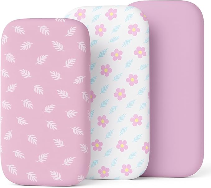 3-Pack Organic Jersey Cotton Bassinet Fitted Sheets – Fits 32 x 16 x 4 Inch Pads – Compatible with Halo, Snoo, Graco, Dream On Me, Delta – for Oval, Hourglass, and Rectangular Bassinet Mattresses