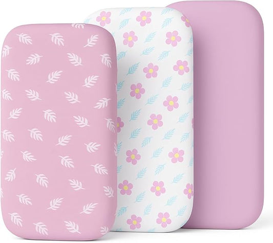 3-Pack Organic Jersey Cotton Bassinet Fitted Sheets – Fits 32 x 16 x 4 Inch Pads – Compatible with Halo, Snoo, Graco, Dream On Me, Delta – for Oval, Hourglass, and Rectangular Bassinet Mattresses