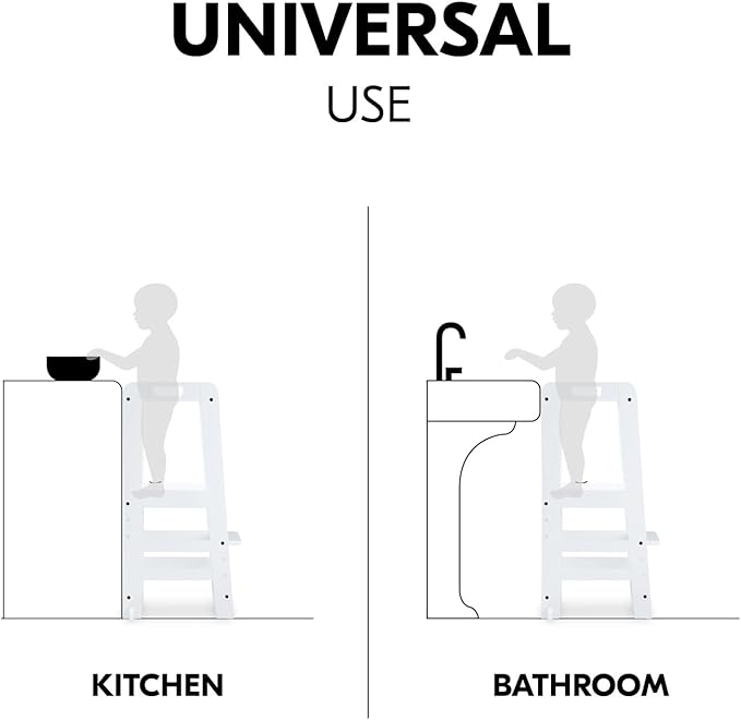 Hauck Learn N Explore Montessori Toddler Tower, Adjustable Wooden Kitchen & Bathroom Step Stool Helper for Home Use with Kids Ages 1+, White