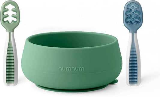 NumNum Baby Bowl & 2 Pack GOOtensils Baby Spoons, Suction Bowls for Baby 4+ Months, Extra Strong Non-Slip Suction, 100% Food-Grade Silicone, BPA-Free, Microwave & Dishwasher Safe (Green/Blue)