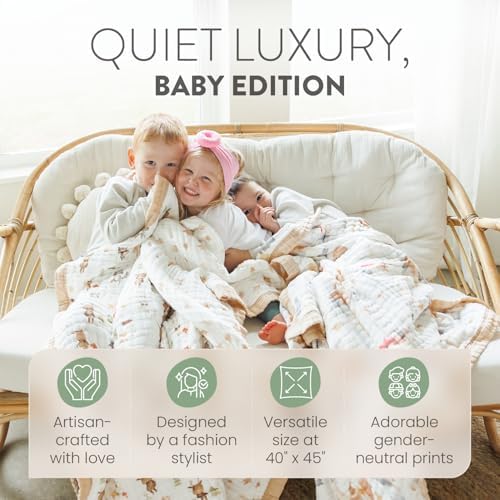 Organic Cotton Muslin Baby Blanket for Boys & Girls - Luxurious Soft Toddler Quilt for Swaddling - Gender Neutral Blanket - Baby and Toddler Gift - Bunny's Childhood Dreams