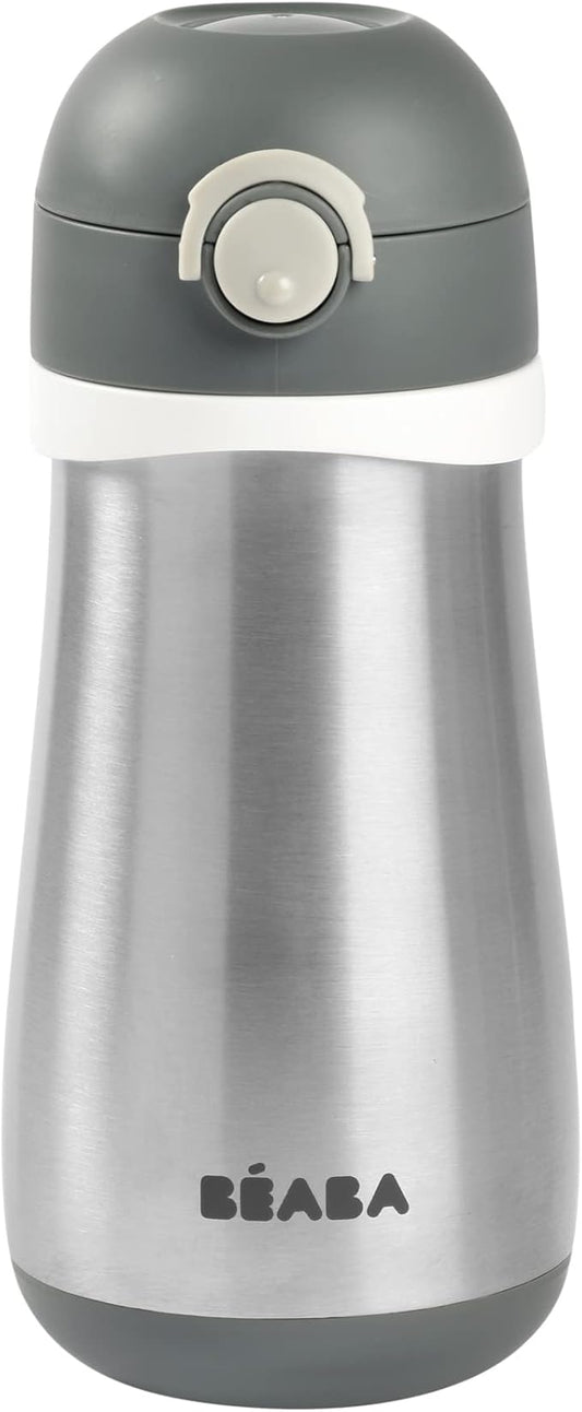 BEABA Kids Stainless Steel Insulated Water Bottle, Kids Water Bottle, Toddler Thermos with Spill Proof Spout and Close Top, Perfect for Travel, (Charcoal)