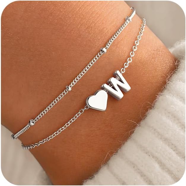 M MOOHAM Initial Heart Bracelets for Women - Layered Dainty 14K-Gold-Plated Heart Letter A-Z Charm Bracelets for Women, Chain Link Charm Bracelets Beaded Bracelets Birthday Gifts Womens Jewelry