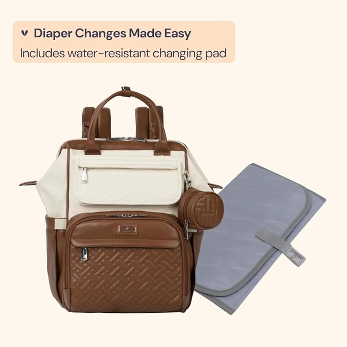 BabbleRoo Leather Diaper Bag Backpack, Multifunction Large Bags with Changing Pad & Stroller Straps & Pacifier Case, Unisex Stylish Travel Back Pack Nappy Changing Bag for Moms Dads (Coffee Cream)