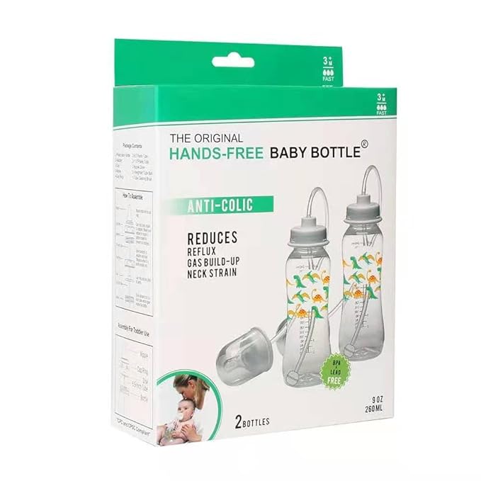 Hands-Free Baby Bottle - Anti-Colic Nursing System 9 oz Baby Bottle with Fast Flow Nipple/Teat 3m+ Infant with Tube Straw Feeding System for Toddler (2 Bottles - Dinosaur)