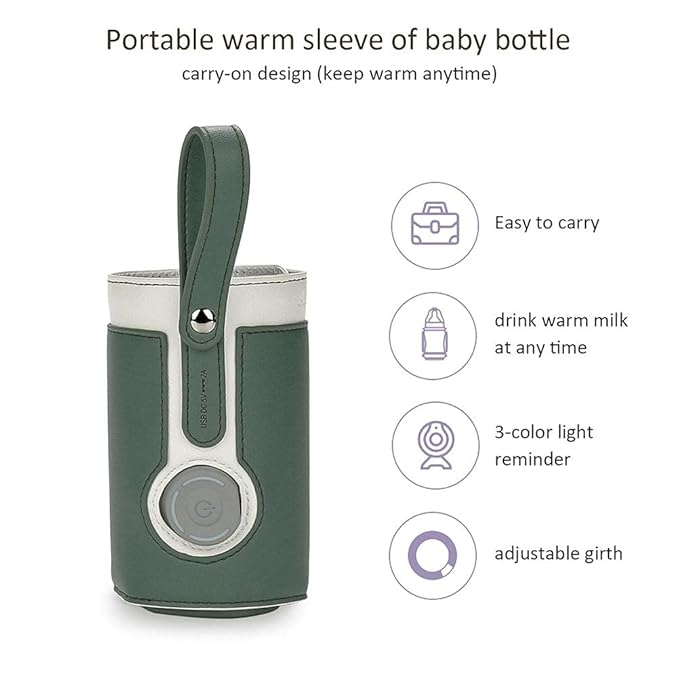3 Temperature Adjustable Portable Baby Bottle Warmer, Portable Car Travel Bottle Warmer USB Milk Heat Keeper for Home and on The Go (Green)