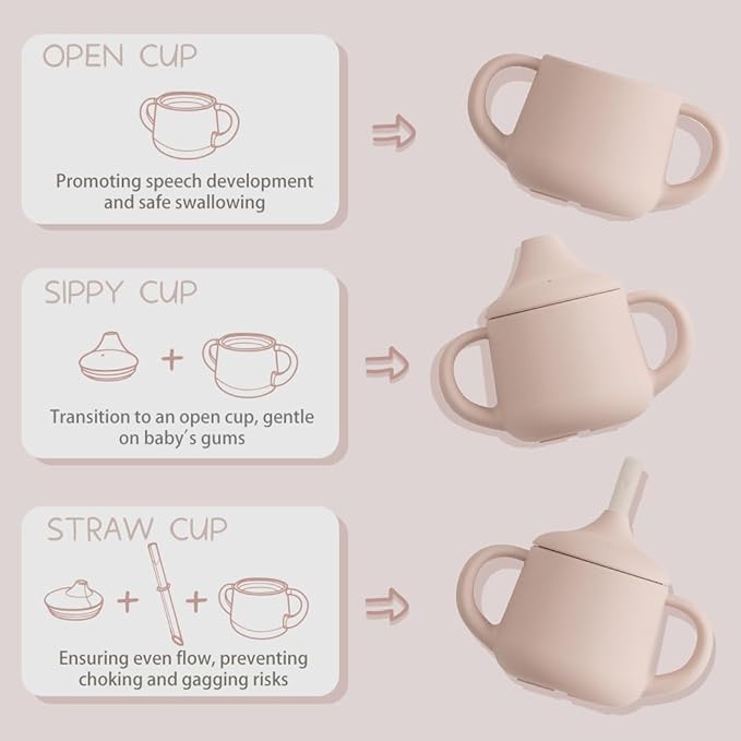 Moonkie Silicone Baby Sippy Cups | 3 Stages Training Cup Straw Cup for Infants Toddlers and Kid | 4 oz 2Pack