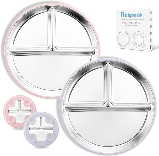 Stainless Steel Baby Plate with Suction, 8” Divided Toddler Plates with Removable Silicone Sleeves for Kids, Non-Toxic Non-Slip Unbreakable Dishwasher Safe Dinnerware Set of 2, Pink & Lilac