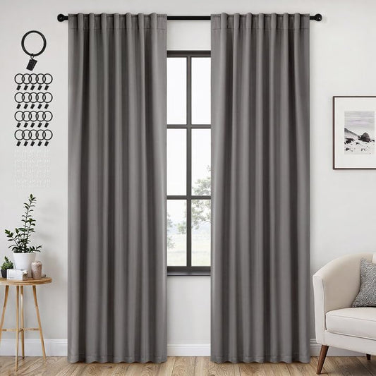 ANRODUO Back Tab Blackout Curtains for Bedroom Living Room, Rod Pocket Pinch Pleated Thermal Insulated Room Darkening Curtains 90 Inches Long 2 Panels, Grey, 52 x 90 Inch