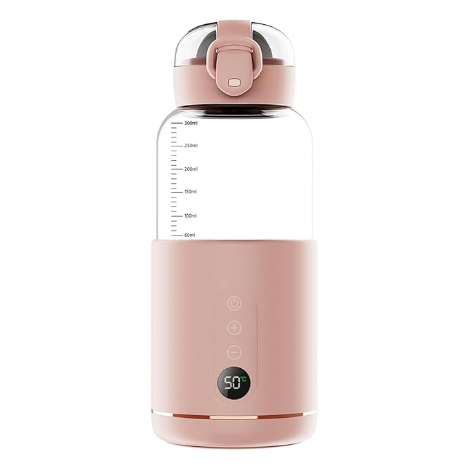 Portable Bottle Warmer, 300 ml Rechargeable Bottle Warmer,Travel Bottle Warmer,LED Display Baby Flask for Vehicle car Airplane (Pink)