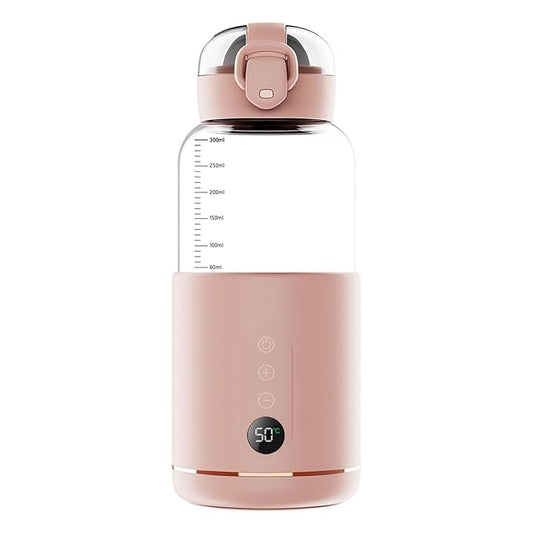 Portable Bottle Warmer, 300 ml Rechargeable Bottle Warmer,Travel Bottle Warmer,LED Display Baby Flask for Vehicle car Airplane (Pink)