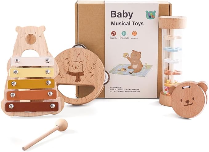 Baby Musical Instruments - Your Child's First Musical Toys with Castanet Rainmaker Tambourine Xylophone - Baby Friendly Design Wooden Instruments Set Grow with Your Boys and Girls