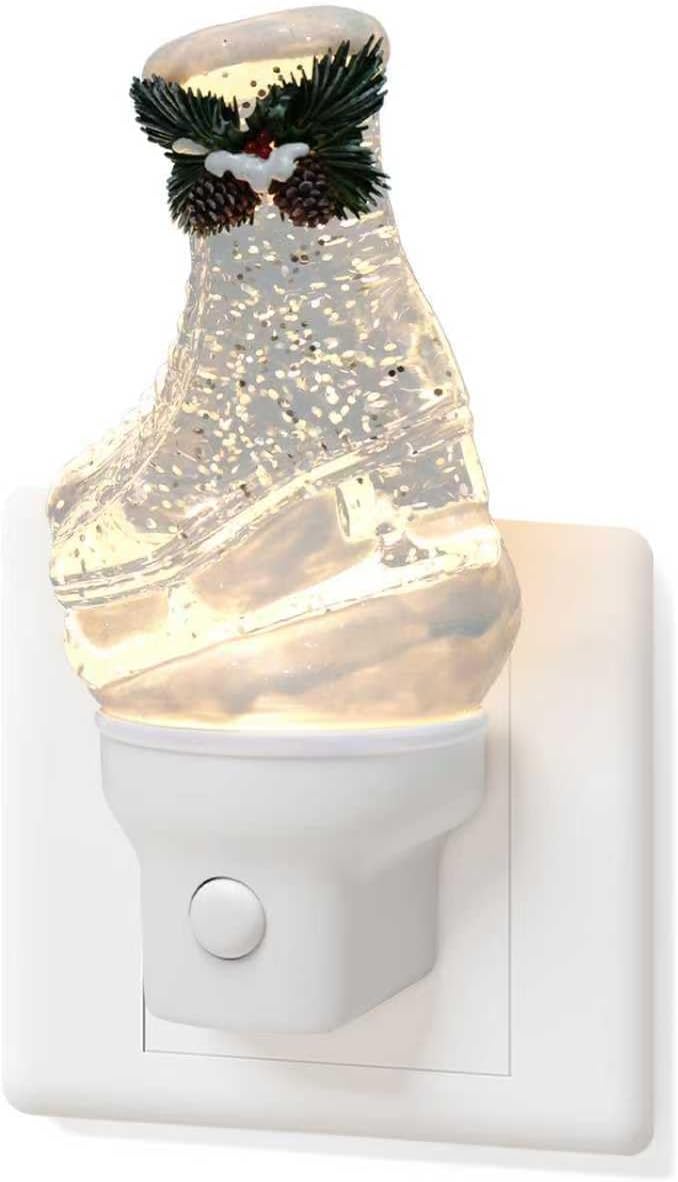 Christmas Night Light Plug into Wall Swirling Glitter USB Portable Christmas Decorative Night Light Decoration for Kids Adults Bedroom Kitchen Living Room Holiday Decor (Ski Boots)