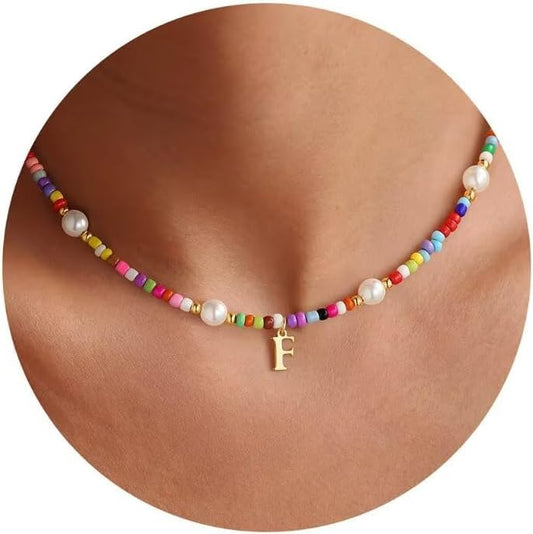 M MOOHAM Colorful Initial Necklaces for Girls - Beaded Pearl Choker Necklace for Women Teen Girl Colorful Summer Boho Necklace Jewelry, Trendy Personalized Letter Initial Gifts Birthday Gifts Kids