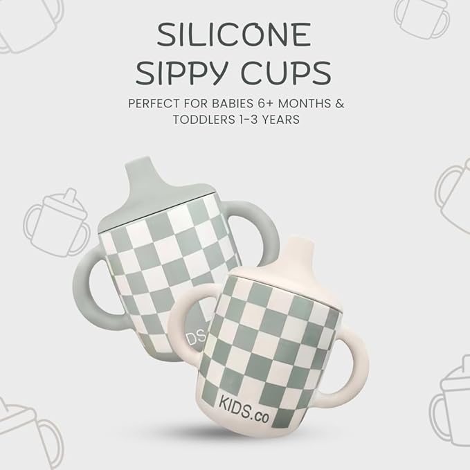 Silicone Sippy Cups with Easy Grip Transition Handles and a Soft Spout. A Non Txoic No Spill Unbreakable Training Cup. 150ml/5oz |2-PACK Sandy Shore & Green Checkers|