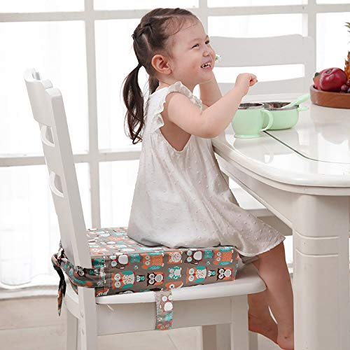 Taeku Booster Seat for Dining Table, Portable Kids Toddler Booster Chair Increasing Cushion Cartoon Seat Pad with 2 Safety Buckles for Kitchen Restaurant (Owl Orange)