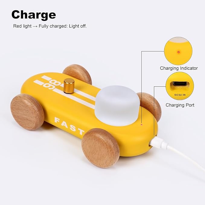 Wooden Go-Kart Night Light for Kids, 7 Color Adjustable, USB Rechargeable (Yellow)