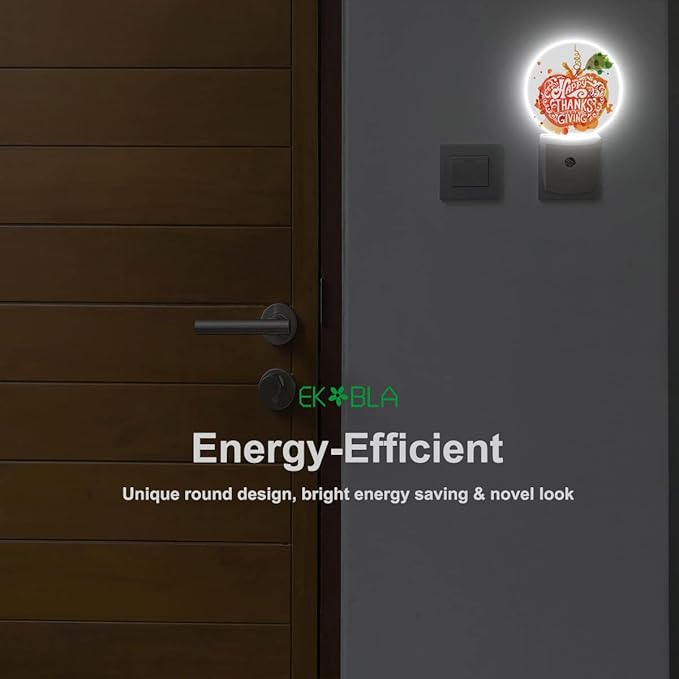 EKOBLA Pumpkin LED Night Light Happy Thanksgiving Day Pumpkin with Green Leaf Autumn Dusk to Dawn Plug-in Nightlights Auto Sensor for Home Indoor Bathroom Hallway Kitchen