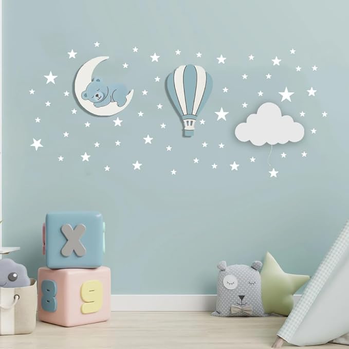 BugyBagy Nursery Wall Lamp Set – 3 Hand Painted Night Lights for Baby Room (Hot Air Balloon, Cloud, Elephant on Moon) + Bonus Wall Stickers – Soft Linen Colors Pink or Blue (Blue Theme 2)